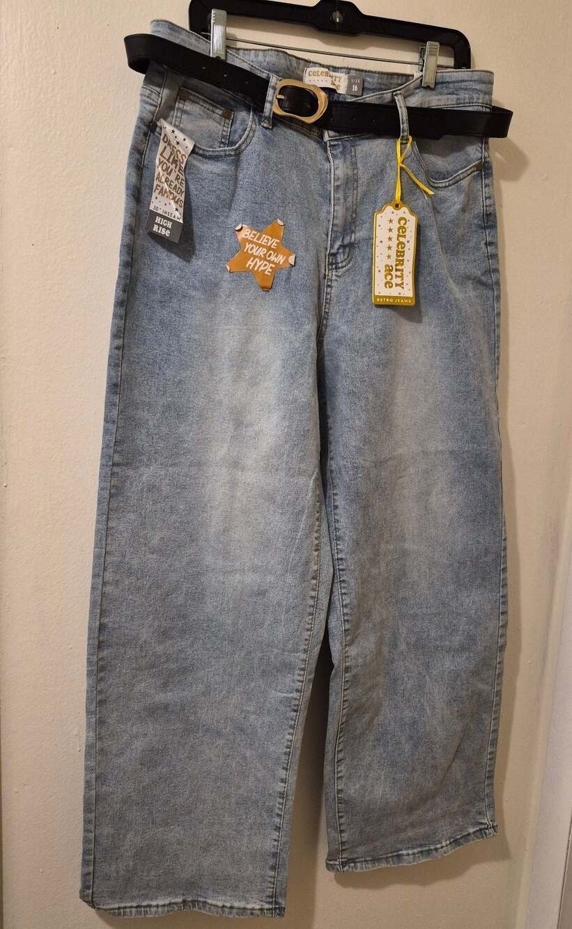 Celebrity Ace Retro Jeans High Rise Light Wash Denim Pants Size 16 with Belt
